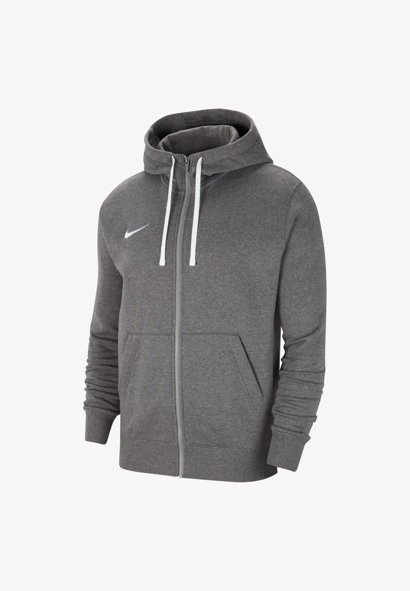 Haut de sweat zippé gris en tissu doux, avec une poche kangourou, une capuche ajustable avec des cordons et un petit logo blanc sur la poitrine.