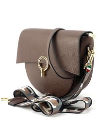 Brown leather crossbody bag with a flap, gold hardware, and a rounded shape. Includes a patterned strap in shades of brown and black.