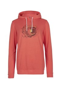 Felpa corallo con maniche lunghe, cappuccio con cordino e design grafico circolare che presenta un'onda e elementi celestiali. Materiale in morbido cotone.