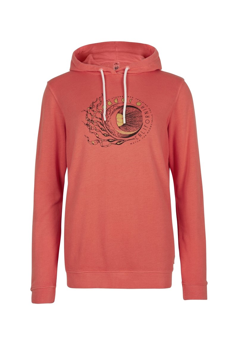 Felpa corallo con maniche lunghe, cappuccio con cordino e design grafico circolare che presenta un'onda e elementi celestiali. Materiale in morbido cotone.