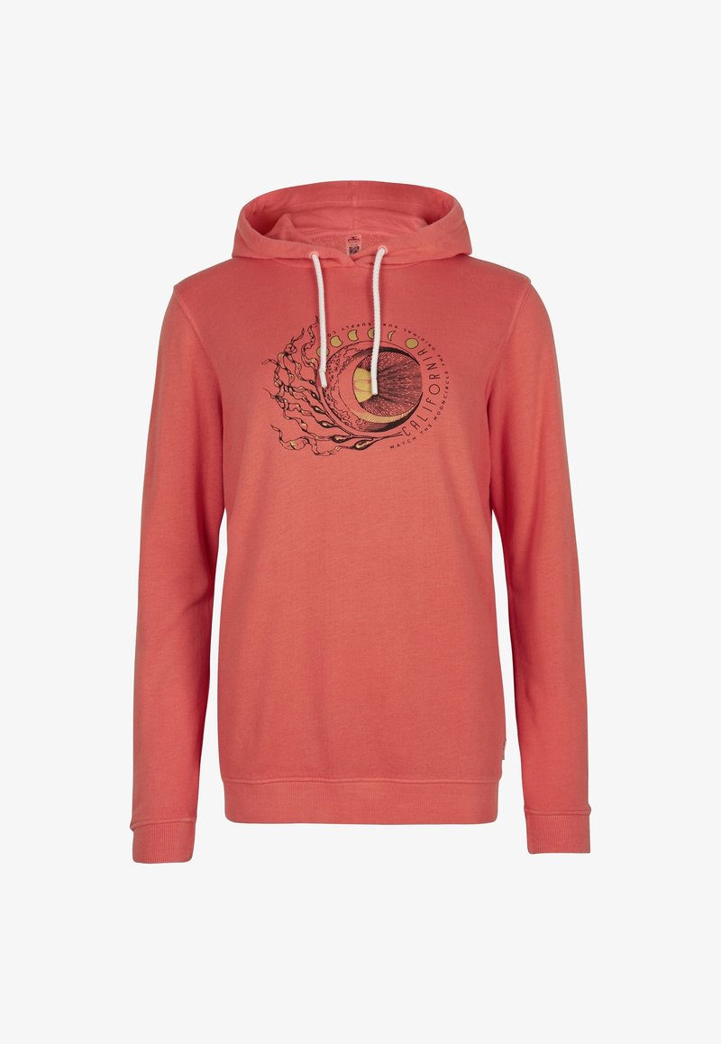 Felpa corallo con maniche lunghe, cappuccio con cordino e design grafico circolare che presenta un'onda e elementi celestiali. Materiale in morbido cotone.