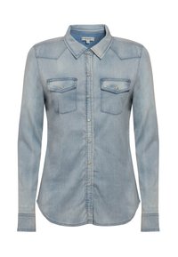 Cămașă din denim de culoare albastru deschis, cu guler ascuțit, mâneci lungi, două buzunare la piept și nasturi cu snapuri argintii. Include un tiv curbat și o ușoară decolorare.