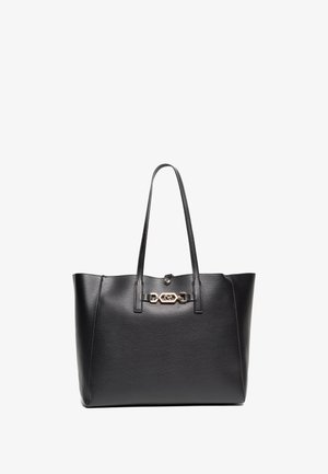 Schwarze Tote-Tasche aus strukturiertem Leder. Verfügt über zwei lange Henkel und ein goldfarbenes Schmuckelement auf der Vorderseite. Glatte, strukturierte Form.