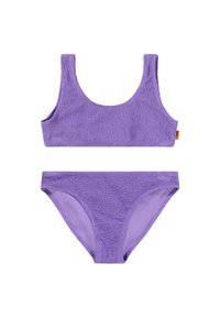 Ensemble de bikini texturé violet comprenant un haut à encolure dégagée et un bas taille basse. Fabriqué dans un tissu doux et extensible avec une finition mate.