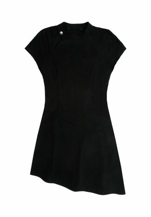 Black dress with a fitted bodice, short sleeves, and an asymmetrical hem. Features a side button accent and soft, textured fabric.