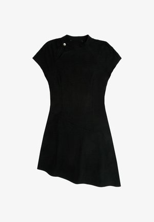 Black dress with a fitted bodice, short sleeves, and an asymmetrical hem. Features a side button accent and soft, textured fabric.