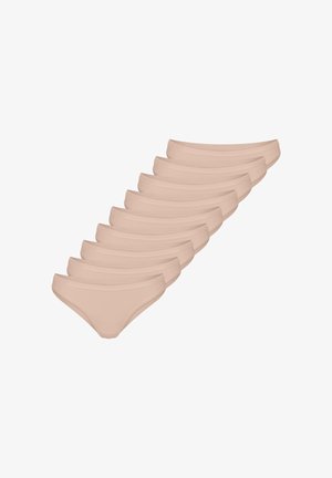 Ti par nude-farvede bomuldstrusser med en glat tekstur, lav talje og simpel elastikkant.