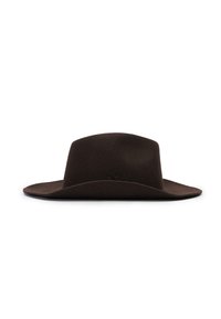 Dark brown felt hat with a wide brim and a rounded crown. Smooth texture, simple design, no visible hardware or patterns.