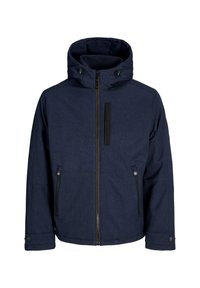 Dunkelblaues Jacket mit hohem Kragen und befestigter Kapuze. Verfügt über einen Reißverschluss an der Vorderseite und Taschen, verstärkte Nähte und Druckknopfmanschetten.