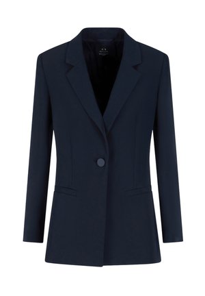 Blazer blu navy con rever a punta, chiusura a un bottone e due tasche laterali. Vestibilità su misura con texture liscia e linee pulite.
