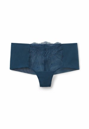 Marineblauwe lingerie met een transparant kanten paneel aan de voorkant, versierd met bloemenborduurwerk en geschulpte randen. Soepele stof met een rekbare pasvorm.