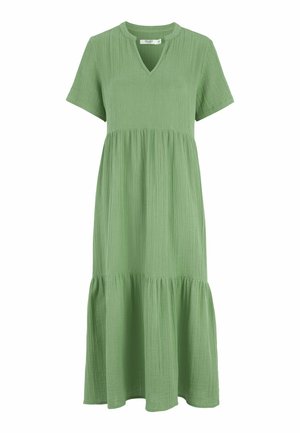 Vihreä, polvipituinen mekko, joka on valmistettu teksturoidusta kankaasta, lyhyillä hihoilla, V-pääntiellä ja kerrostetulla helma-muotoilulla.