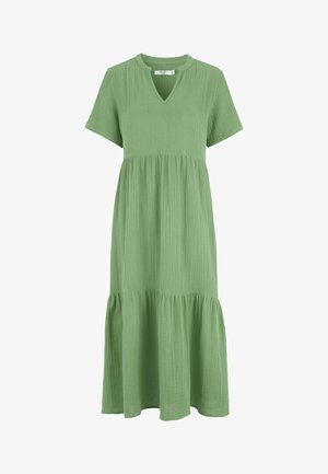 Vihreä, polvipituinen mekko, joka on valmistettu teksturoidusta kankaasta, lyhyillä hihoilla, V-pääntiellä ja kerrostetulla helma-muotoilulla.