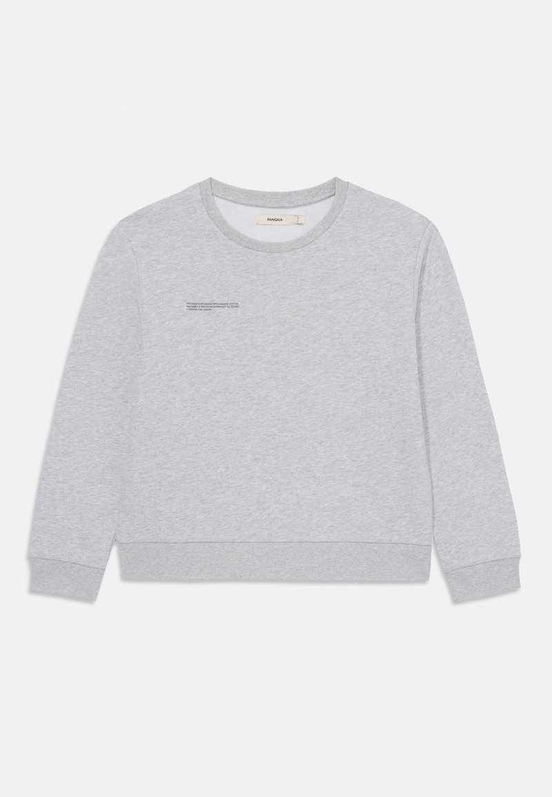 Sweatshirt cinza de mangas longas com gola redonda e punhos canelados. Apresenta uma pequena ilustração textual na frente. Feito de um material de fleece suave.