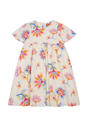 Patroondraag katoenen jurk met korte mouwen, voorzien van een bloemrijke borduursel in roze, blauw en geel op een crèmekleurige achtergrond.