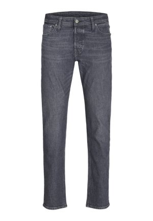 Mørkegrå denimjeans med lige ben, knap- og lynlåslukning, for- og baglommer samt bæltestropper.