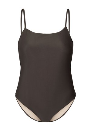 Maillot de bain une pièce en brun foncé. Il présente des bretelles fines, une texture lisse et un dessous clair contrastant avec une coupe haute au niveau des jambes.