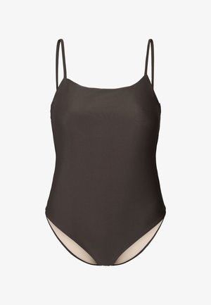 Maillot de bain une pièce en brun foncé. Il présente des bretelles fines, une texture lisse et un dessous clair contrastant avec une coupe haute au niveau des jambes.