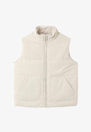 Svetlo bež brezrokavnik z visokim ovratnikom, z zadrgo spredaj in dvema velikima našitima žepoma. Ima šivane detajle po celotnem materialu.