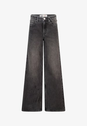 Jeans de pierna ancha en tejido de mezclilla negro deslavado, que cuentan con un clásico diseño de cinco bolsillos, cierre de botón y una ligera textura juguetona en la tela.