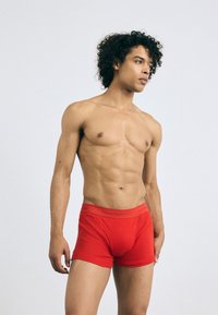 Boxeri din bumbac roșu, cu un design ajustat. Dispun de un talie cu logo-ul Calvin Klein și au o textură netedă. Modelul stă cu o mână pe șold.