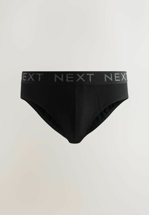 Czarne majtki z szarą elastyczną gumką w talii z powtarzającym się nadrukiem "NEXT". Wykonane z miękkiej tkaniny, mają gładką fakturę i klasyczny kształt.