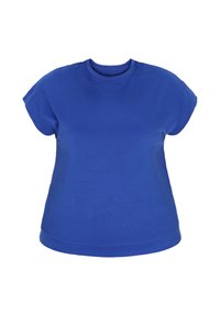 Blå tekstureret kortærmet T-shirt med et geometrisk mønster med forhøjede linjer, rund halsudskæring og en afslappet pasform.
