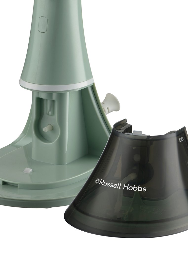 Base de electrodoméstico Russell Hobbs en plástico verde claro con una tapa negra de plástico desmontable que presenta un acabado suave y un logo de la marca.