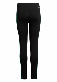Leggings negros con una textura suave, con franjas laterales en turquesa contrastante y una cintura elástica. Logo en la parte posterior, cerca de la cintura.