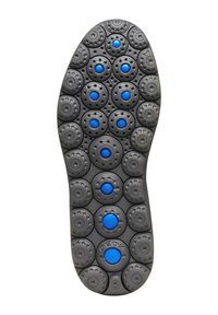 Suela de zapato Geox con una base de goma negra flexible que presenta acentos circulares azules y una superficie texturizada para agarre y ventilación.