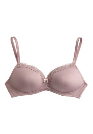 Lys mauve polstret bh med blonderkant langs de øverste kanter og en lille sløjfe på midten foran.