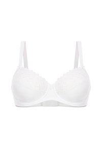 Witte bh met een geometrisch textuurpatroon op de cups, verstelbare schouderbanden en een gladde stofafwerking. Voor sluiting met een haak.
