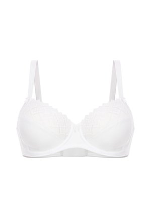 Reggiseno bianco con un design geometrico testurizzato sulle coppe, spalline regolabili e un finish in tessuto liscio. Chiusura frontale con gancio.