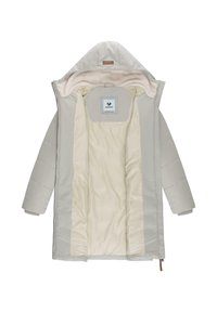 Light grey puffer coat with a hood, featuring a soft beige lining, zipper closure, and ribbed cuffs. Inside label shows brand logo.