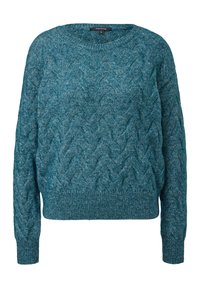 Suéter de lana en color teal con patrón de trenzas, cuello redondo, mangas largas y dobladillo acanalado. El material parece texturizado y acogedor.