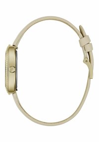 Reloj analógico de tono dorado con una caja texturizada, esfera negra y correa de cuero beige claro, que cuenta con una hebilla sencilla y un lazo para el ajuste.