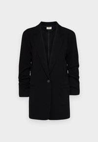 Črni blazer z dolgimi rokavi, enojno gumbno zapiranje, izbrazdane reverje in dvema sprednjima žepoma. Gladka tkanina s strukturiranim krojem.