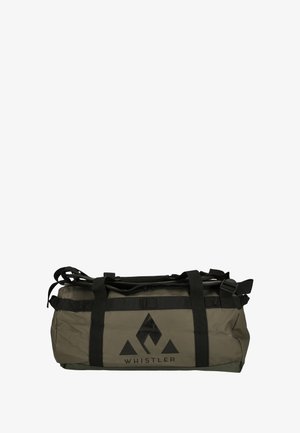 Duffelväska i olivgrön färg, tillverkad av hållbart material, med svarta remmar, en logotyp och ett zip-lock för säker stängning.