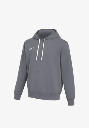 Sweat à capuche Nike gris avec cordons blancs, poche kangourou et logo Nike swoosh sur la poitrine gauche, présenté sur un fond blanc.
