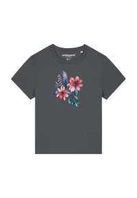 Grijze T-shirt met een bloemenafdruk in tinten van roze en blauw, met korte mouwen en een klassieke ronde hals. Gemaakt van katoen.
