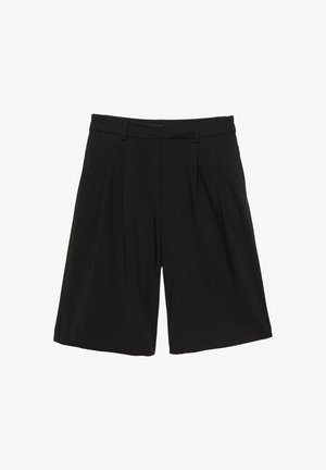 Pantaloni corti neri dal design raffinato, con pince frontali, passanti per cintura e gamba dritta che si estende fino al ginocchio.