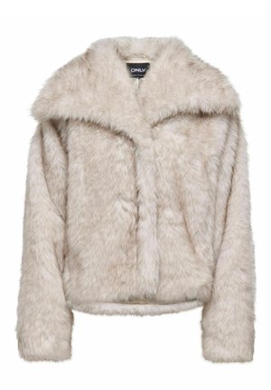 Veste courte en fausse fourrure beige clair avec un large col et des manches longues. Texture douce, avec une fermeture devant et sans éléments métalliques visibles.