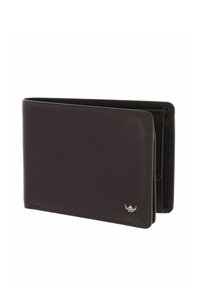 Portefeuille bifold en cuir marron foncé avec coutures visibles et petit logo argenté en bas à droite, légèrement ouvert sur fond blanc.