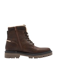 Bottines à lacets marron avec un extérieur en cuir lisse, un col rembourré, une fermeture éclair sur le côté et une semelle en caoutchouc texturé pour une meilleure traction.