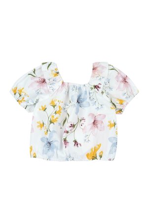Biała bluzka z krótkim rękawem, ozdobiona różowym, niebieskim i żółtym kwiatowym nadrukiem, z kwadratowym dekoltem oraz elastycznymi ściągaczami na rękawach i dole.