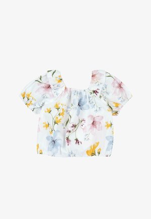 Blusa bianca a maniche corte con stampa floreale rosa, blu e gialla, scollo quadrato ed orli elastici sulle maniche e sul fondo.