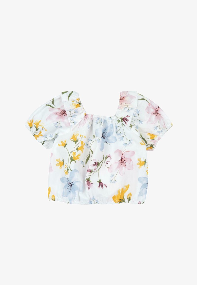 Blouse blanche à manches courtes avec imprimé floral rose, bleu et jaune, encolure carrée et ourlets élastiques aux manches et au bas.