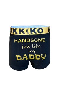 Tummansiniset bokserit keltaisella vyötärönauhalla. Sisältää kultatekstiä: "HANDsome just like my DADDY." Pehmeää kangasta ja tiukka istuvuus.