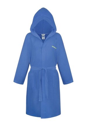 Accappatoio blu con cappuccio, cintura, due tasche frontali e un piccolo logo Speedo sul petto.