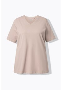 Lyhythihainen, vaaleanbeige V-kaula-aukkoinen t-paita, valmistettu pehmeästä ja sileästä kankaasta. Leikkaukseltaan rento ja yksinkertaisin ompeluin koristeltu.